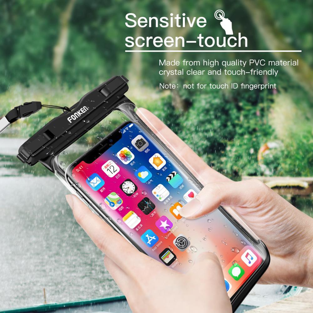 Hand holding Fonken full-view waterproof phone case with lanyard in teal showing touchscreen access — Stevvex via EOWD Autism Living