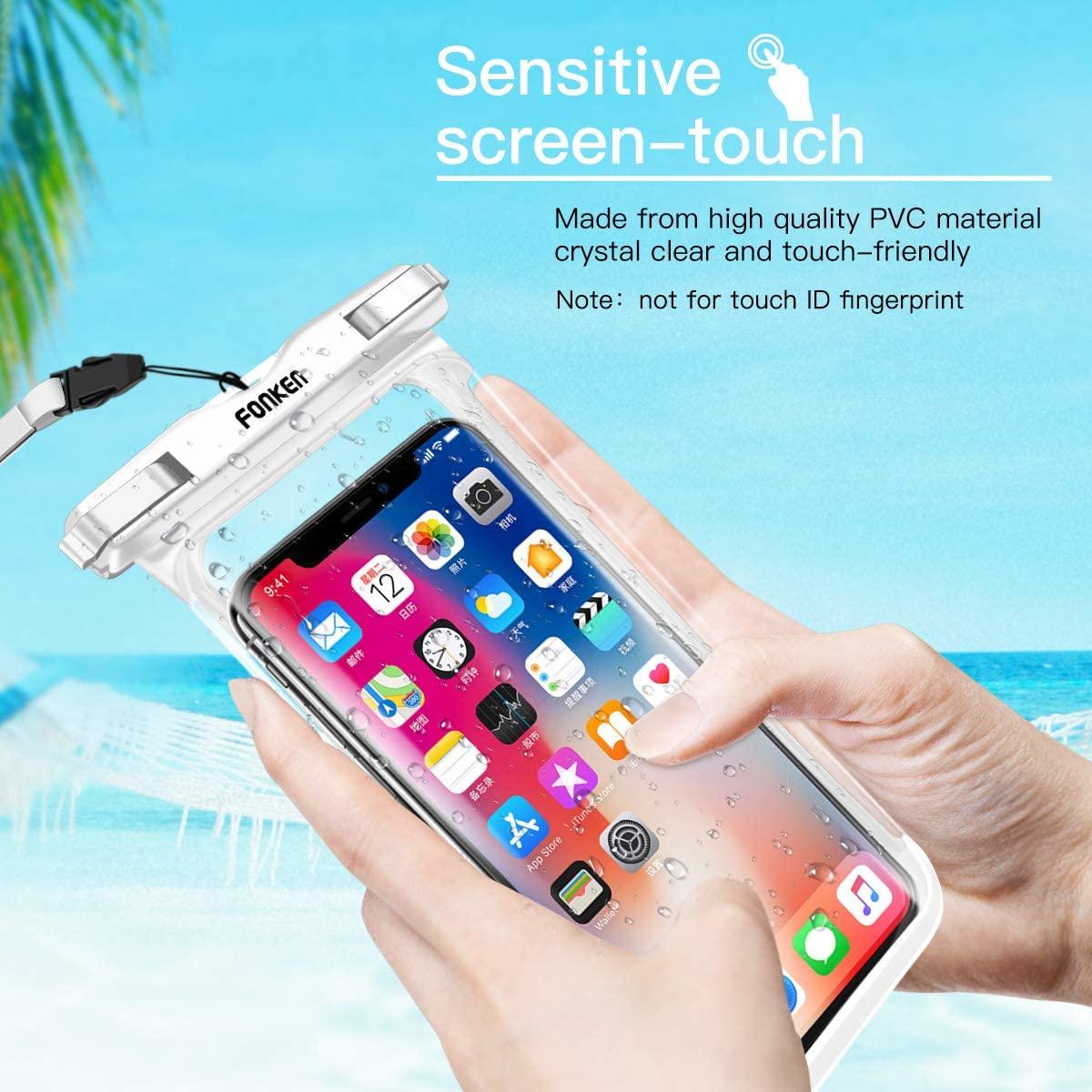 Hand holding Fonken full-view waterproof phone case demonstrating touchscreen use through transparent cover — Stevvex via EOWD Autism Living