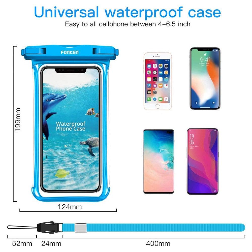  Infographic showing Fonken waterproof phone case universal fit compatibility with multiple smartphone models — Stevvex via EOWD Autism Living
