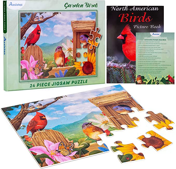 Assistex Garden Birds 24-piece large format jigsaw puzzle box showing colorful garden bird scene with cardinals and songbirds — Assistex via EOWD Autism Living