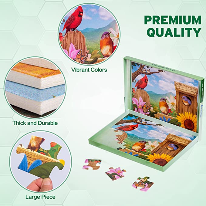 Garden birds puzzle in its box tray with close-ups of printed colors, thick pieces, and a hand holding a piece — Assistex via EOWD Autism Living