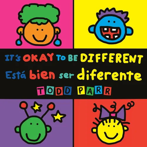 Paperback cover of It's Okay to Be Different / Está bien ser diferente by Todd Parr — bold colorful grid of cartoon faces in English and Spanish — Books by splitShops via EOWD Autism Living