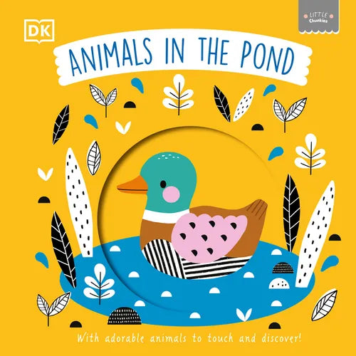 Board book cover of Little Chunkies Animals in the Pond by DK — yellow cover with duck and pond scene — Books by splitShops via EOWD Autism Living