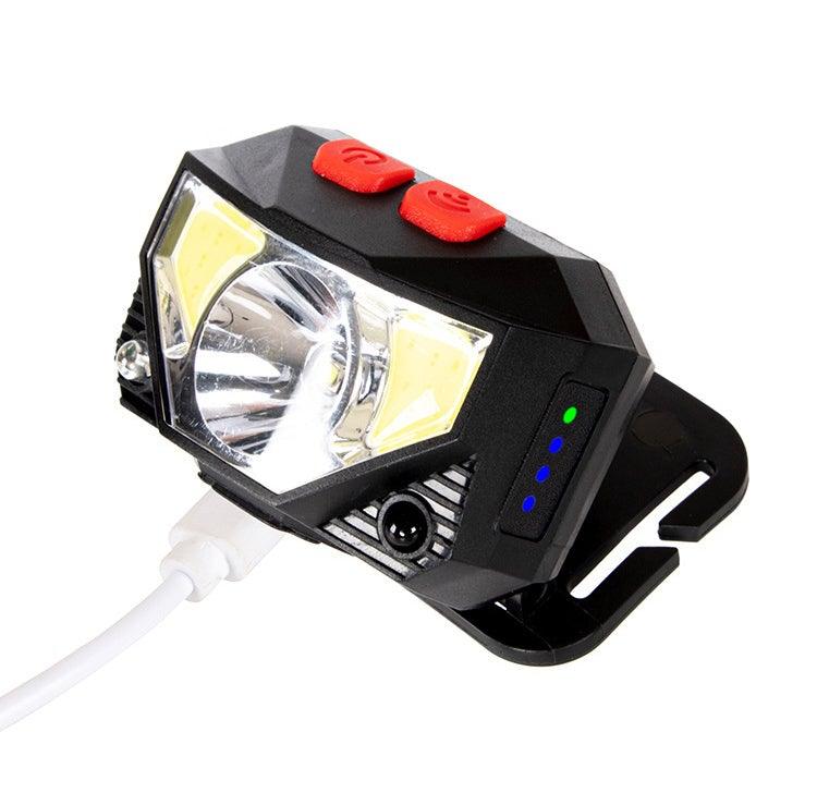 Black LED headlamp displaying white and red light beam modes side by side on dark background — STEVVEX Lamp via EOWD Autism Living