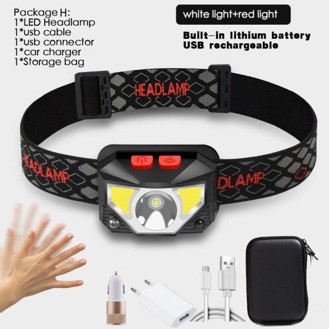 Headlamp with packaging, USB cable, and car charger on a white background— STEVVEX Lamp via EOWD Autism Living