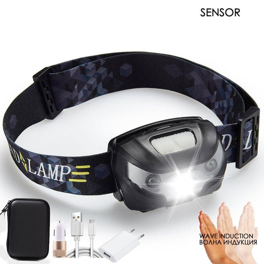 Headlamp with sensor feature, packaging, and accessories on a white background— STEVVEX Lamp via EOWD Autism Living