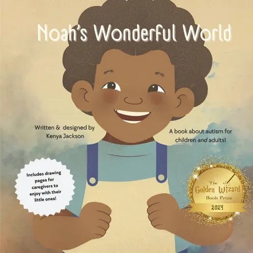 Paperback cover of Noah's Wonderful World by Kenya Jackson — smiling young boy on golden background, award seal — Books by splitShops via EOWD Autism Living

