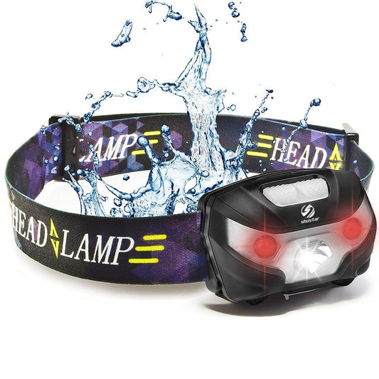 STEVVEX rechargeable LED headlamp with adjustable strap shown against water splash on dark background — STEVVEX Lamp via EOWD Autism Living