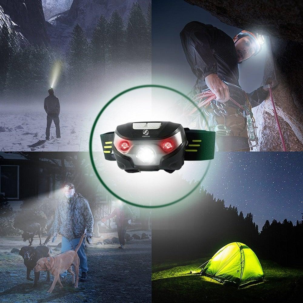 Person wearing LED headlamp outdoors at night with beam illuminating path ahead — STEVVEX Lamp via EOWD Autism Living
