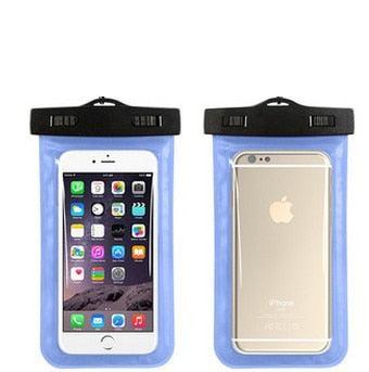 STEVVEX waterproof phone pouch in blue shown with phone front and back on white background — STEVVEX Gadgets via EOWD Autism Living
