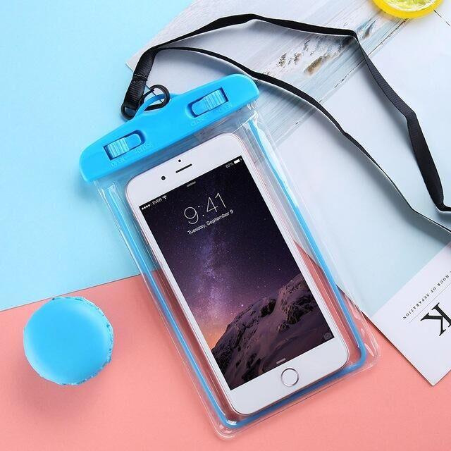 STEVVEX waterproof phone pouch with strap in blue shown with phone inside on pink background — STEVVEX Gadgets via EOWD Autism Living