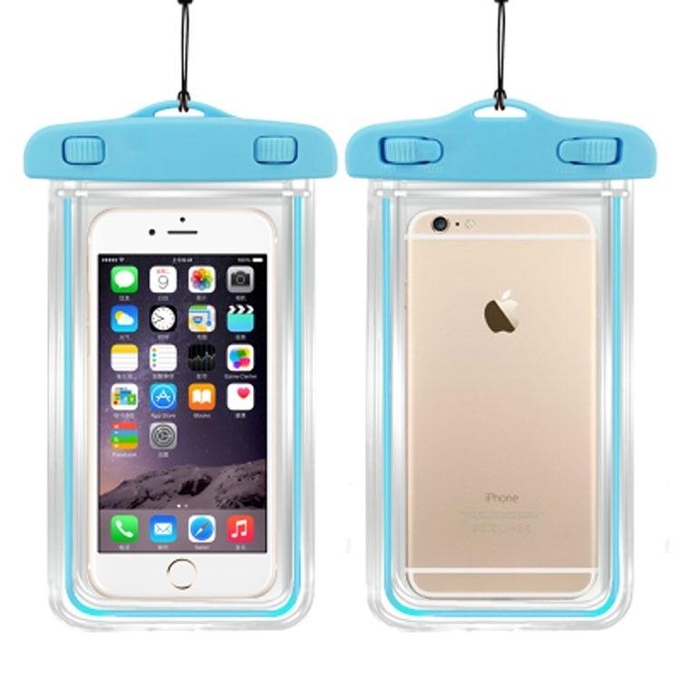 STEVVEX waterproof phone pouch with strap in blue shown with phone front and back inside on white background — STEVVEX Gadgets via EOWD Autism Living