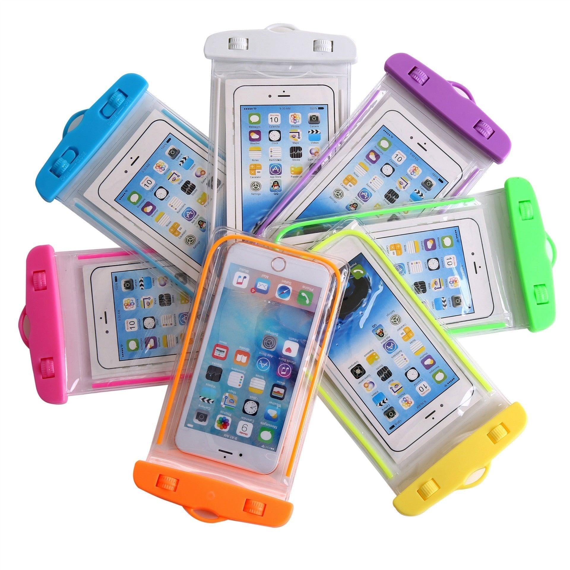 Seven STEVVEX waterproof phone pouches with straps displayed in a row showing all available colors on white background — STEVVEX Gadgets via EOWD Autism Living