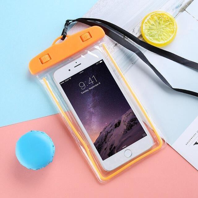STEVVEX waterproof phone pouch with strap in orange shown with phone inside on pink background — STEVVEX Gadgets via EOWD Autism Living