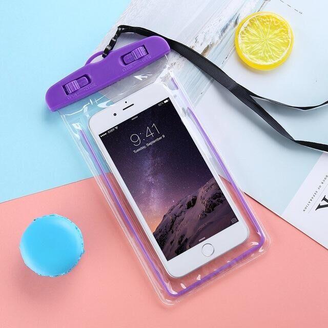 STEVVEX waterproof phone pouch with strap in purple shown with phone inside on pink background — STEVVEX Gadgets via EOWD Autism Living