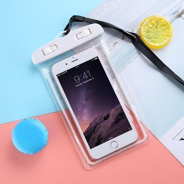 STEVVEX waterproof phone pouch with strap in white shown with phone inside on pink background — STEVVEX Gadgets via EOWD Autism Living
