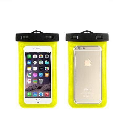 STEVVEX waterproof phone pouch in yellow shown with phone inside on white background — STEVVEX Gadgets via EOWD Autism Living