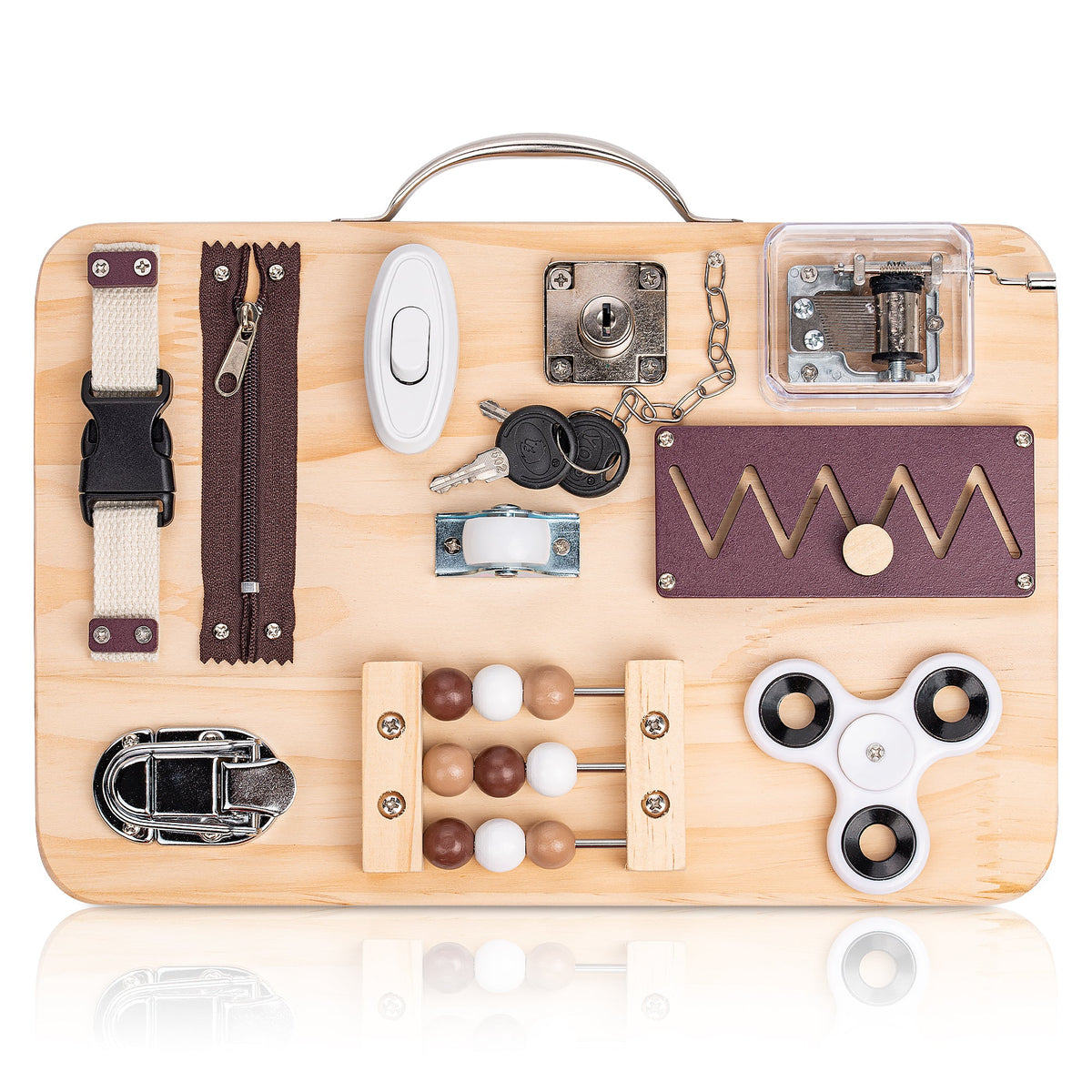 Wooden busy board on white with a buckle, zipper, lock, beads, sliding track, and spinner — Assistex via EOWD Autism Living