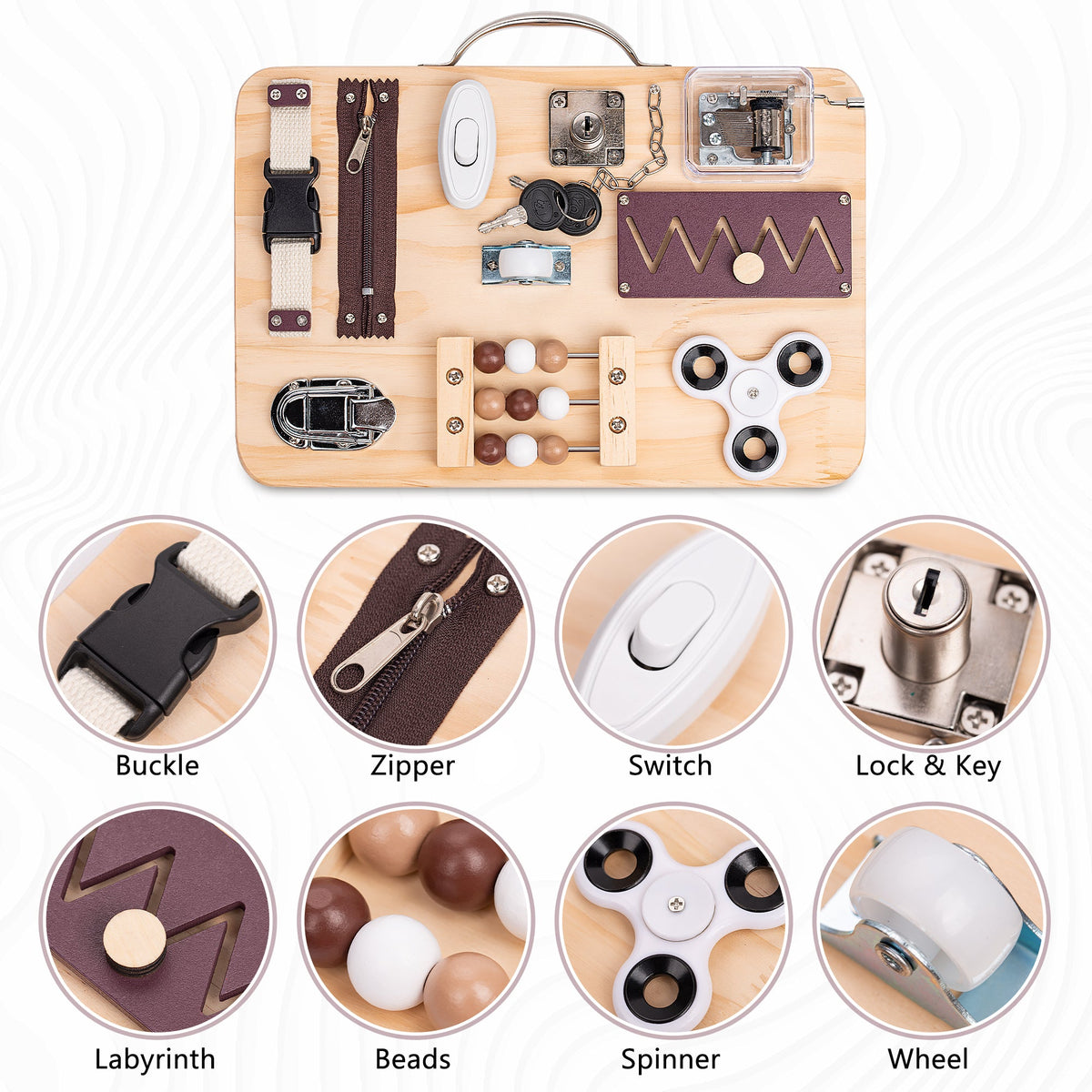 Wooden busy board above labeled close-ups of its buckle, zipper, switch, lock, track, beads, spinner, and wheel — Assistex via EOWD Autism Living